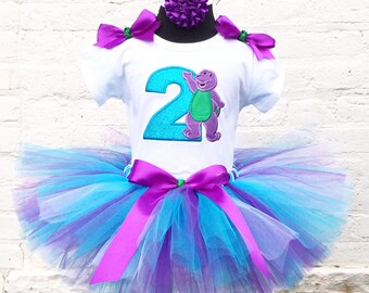 BARNEY BIRTHDAY  Glitter Teal & Purple Tutu Shirt Headband 3 pc Set~1st-2nd-3rd-4th-5th birthday