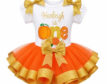 Pumpkin & Fall Flowers Orange Gold Glitter Personalized Birthday Ribbon Tutu Set Shirt Tutu Bows Headband Ribbon Tutu Outfit Age 1 First