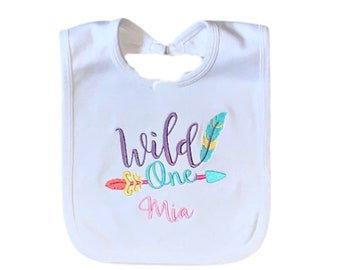 Wild One Baby Girl 1st Birthday Embroidered Birthday Bib READY TO SHIP First Birthday Baby Girl Bib