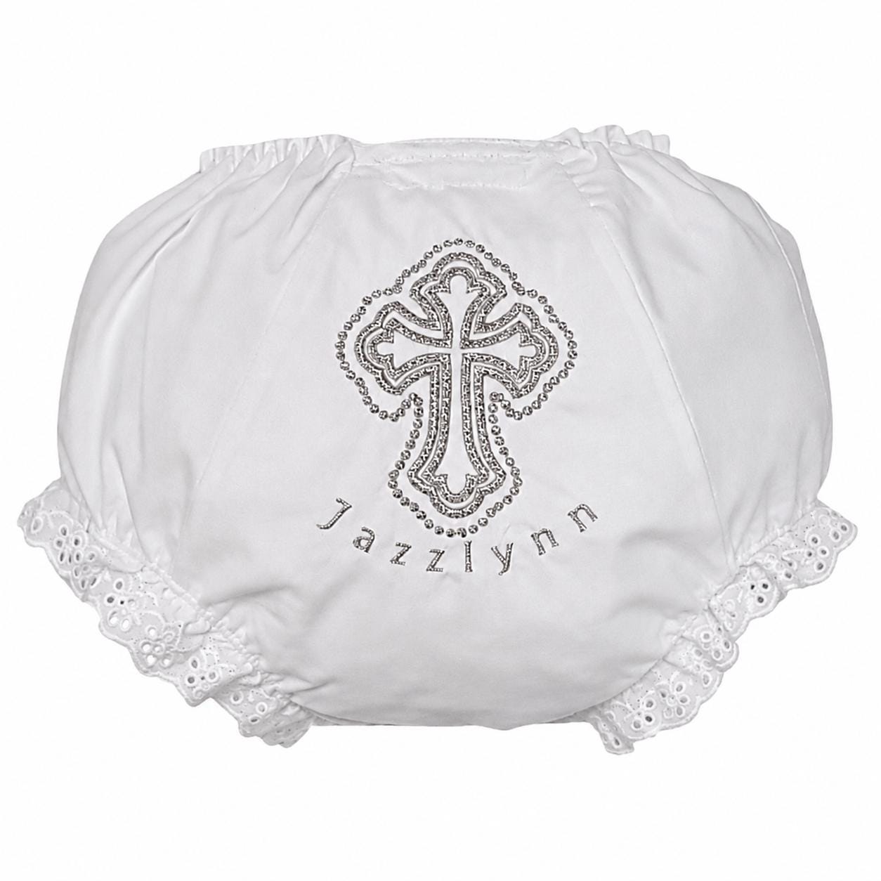 White & Silver Cross Personalized Embroidered Christening Baptism Diaper Cover NB Infant Toddler Baptism Bloomers