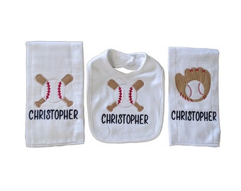 Personalized Baby Boy Bib and Burp Cloth Set - Embroidered Bib - Monogram Burp Cloth - Baseball - Baby Shower Gift- Newborn- Baseball