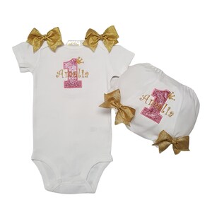 1st Birthday Personalized Gold and Pink Glitter Crown Tiara Princess Age 1 Birthday Bodysuit Diaper Cover BLOOMER Set 2 Pc Cake Smash