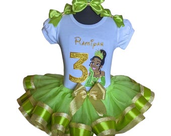 Tiana Glitter Personalized Birthday Green and Gold Ribbon Tutu Set Shirt Tutu Bows & Hair Bow Frog Princess Tiana Birthday Birthday Outfit