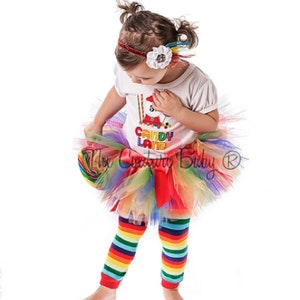 andy Land Full and Fluffy Rainbow  Set Shirt Traditional Tutu Bows Headband Bubblegum Lolipops Candy Land Birthday Outfit