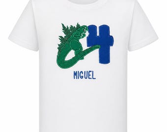 Boy's Personalized Embroidered Godzilla Bitten Age & Name Birthday Shirt or Bodysuit