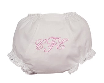 Pink Personalized Monogram NAME and INITIAL Personalized Eyelet Trim Diaper Cover Bloomers add Bows