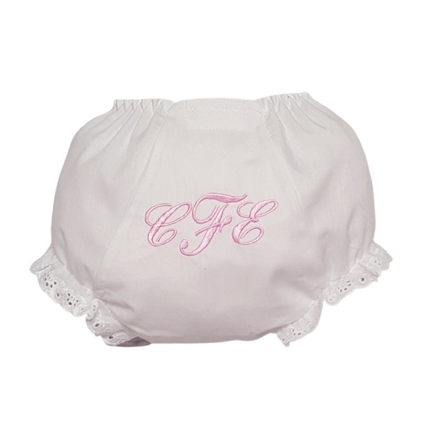 Pink Personalized Classic Monogram NAME and INITIAL Personalized Eyelet Trim Diaper Cover Bloomers add Bows