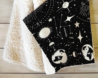 Fleece Blanket / Outer Space Decor / Celestial Decor / Boys Room Decor / Black Throw Blanket / Cozy Blanket / Sherpa Throw / Couch Blanket