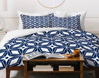 Navy Blue Duvet Cover / Midcentury Modern Duvet / Retro Bedding / Blue Duvet / Lightweight Duvet Cover / Queen Duvet / Duvet Cover King