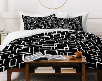 Midcentury Modern Duvet Cover / Geometric Duvet Cover / Lightweight Duvet / Black Duvet / Retro Bedding / Queen Duvet / King Duvet / Black