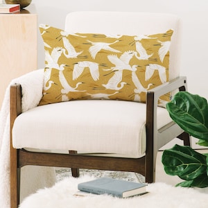 Crane Throw Pillow / Lumbar Pillow / Yellow Pillow / Lumbar Pillow / Home Decor / Decorative Pillows / Accent Pillow / Bird Print Pillow
