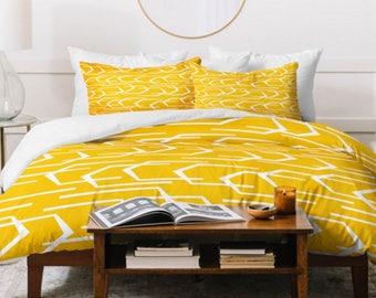 Housse de couette jaune / Couette légère / Housse de couette géométrique / Housse de couette grand lit / Housse de couette grand lit / Couette contemporaine / Literie jaune