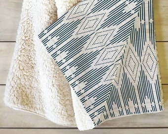 Geometric Throw Blanket / Fleece Blanket / Couch Blanket / Modern Home Decor / Cozy Blanket / Wedding Gift / Sherpa Throw Blanket / Blue