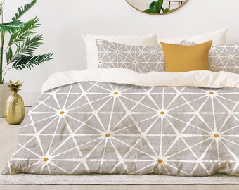 Mid Century Modern Comforter: Beige Geometric Print Bedding, Lightweight, Queen/King Sizes