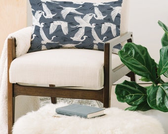 Crane Print Lumbar Pillow, Blue Bird Accent Pillow