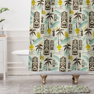 Tiki Shower Curtain // Tiki Decor // Mid Century Modern Decor // Bathroom Decor // Retro Decor // Hawaiian Print // Tropical Shower Curtain afbeelding 1