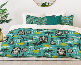 Retro Tiki Comforter / Mid Century Comforter / Retro Bedding / Lightweight Comforter / Mid Century Decor / Tiki Decor / Hawaiian / Aqua