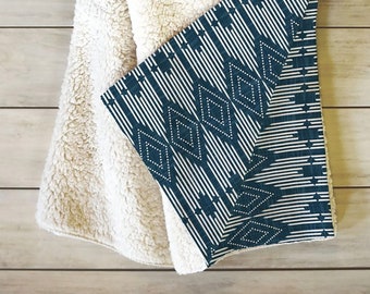 Blue Geometric Fleece Throw Blanket: Cozy Sherpa Couch Blanket