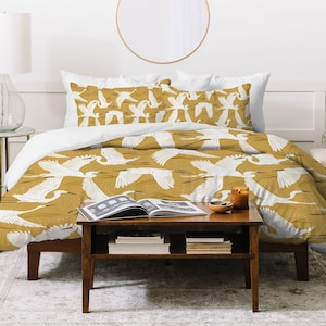 Crane Duvet Cover / Lightweight Duvet / Bird Duvet Cover / Queen Duvet / King Duvet / Yellow Duvet Cover / Cotton Duvet Cover / Bird Bedding