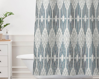 Geometric Fabric Shower Curtain: Retro Bathroom Decor, Blue and Off White