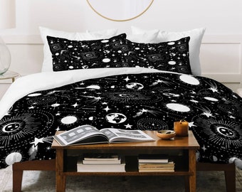 Black Duvet Cover / Outer Space  Duvet / Celestial / Queen Duvet / Twin Duvet / King Duvet / Black And White Duvet / Moon And Stars Duvet