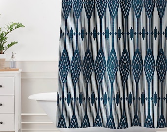 Geometric Navy Blue Shower Curtain - Retro Bathroom Decor