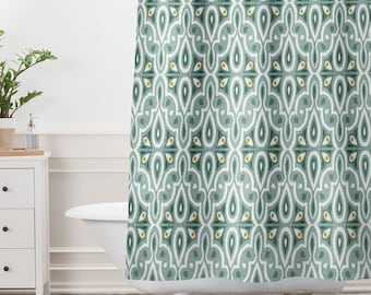 Green Moroccan Geometric Shower Curtain, Boho Bathroom Decor