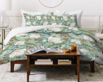 Magnolia Floral Duvet Cover / Green Bedding / Boho Duvet Cover / Duvet Cover Queen / Duvet Cover King / Duvet Cover and Shams / Floral Bed