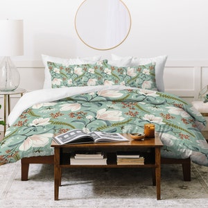 Magnolia Floral Duvet Cover / Green Bedding / Boho Duvet Cover / Duvet Cover Queen / Duvet Cover King / Duvet Cover and Shams / Floral Bed