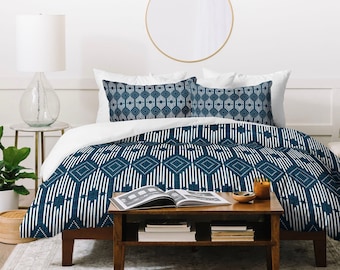 Blue Geometric Duvet Cover, Modern Boho Bedding, Twin Queen King Sizes