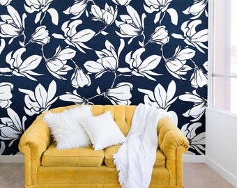 Floral Wallpaper Mural / Peel and Stick Wallpaper / Magnolia Wallpaper Mural / Removable Wallpaper / Navy Blue Floral / Accent Wallpaper