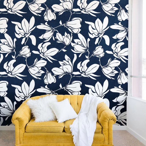 Floral Wallpaper Mural / Peel and Stick Wallpaper / Magnolia Wallpaper Mural / Removable Wallpaper / Navy Blue Floral / Accent Wallpaper