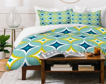 Mid Century Modern Aqua Duvet Cover: Retro Geometric Bedding, Twin/Queen/King Sizes