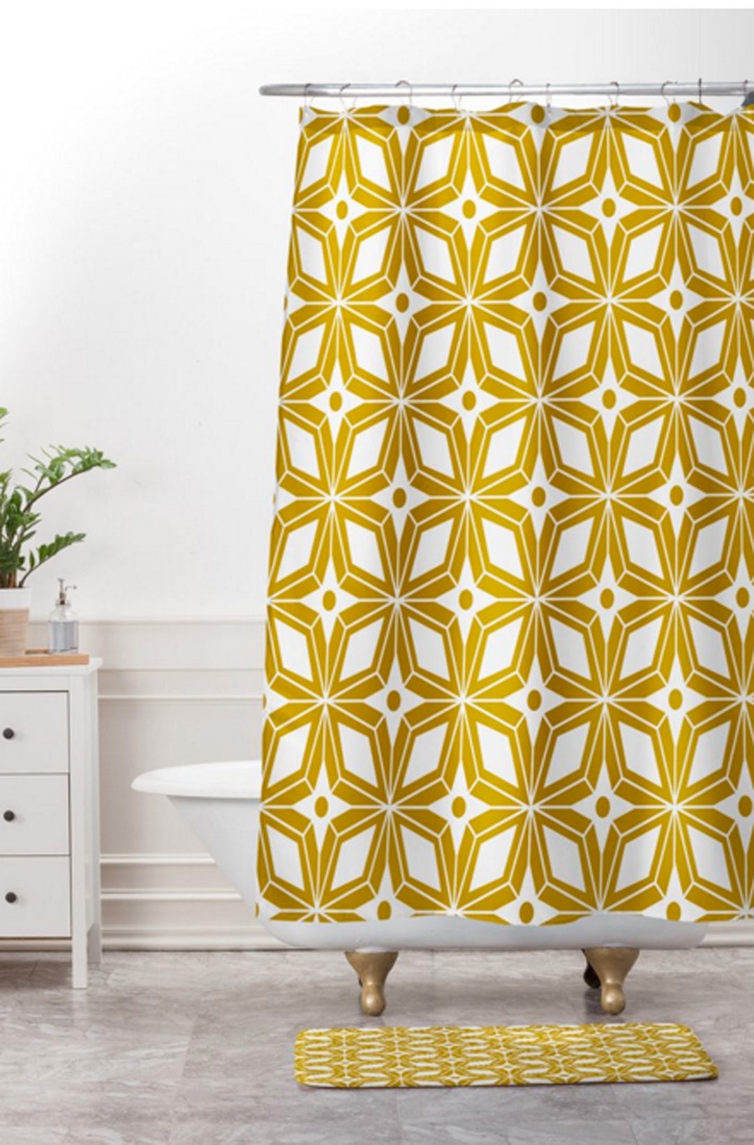 Mid Century Modern Shower Curtain // Bathroom // Starburst Gold Design // Geometric // Shower