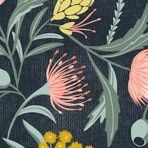 May include: A seamless pattern featuring pink and yellow flowers with green leaves on a dark blue background.