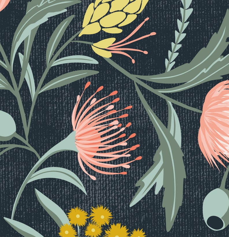 May include: A seamless pattern featuring pink and yellow flowers with green leaves on a dark blue background.