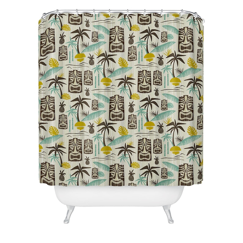 Tiki Shower Curtain // Tiki Decor // Mid Century Modern Decor // Bathroom Decor // Retro Decor // Hawaiian Print // Tropical Shower Curtain afbeelding 2