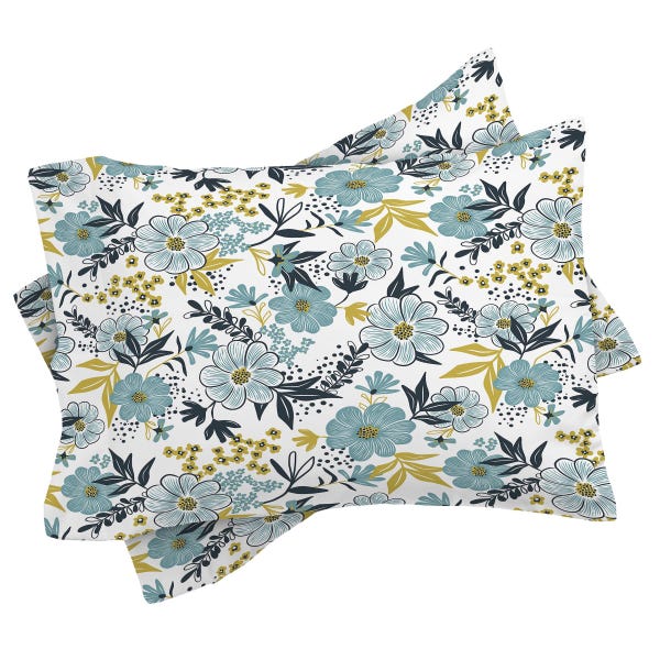 Blue Floral Pillow Sham – Cotton Bedding, Queen/King Sizes