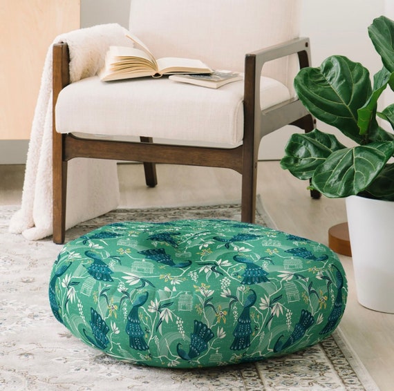 Boho Floor Pillow Round And Square Pillow Home Decor Green Floor Cushion Dorm Decor Boho Aviary Green Design Birds