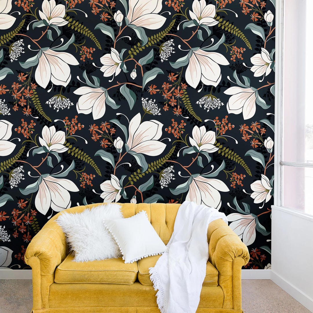 Dark Floral Wallpaper Mural // Peel and Stick Wallpaper // Removable ...