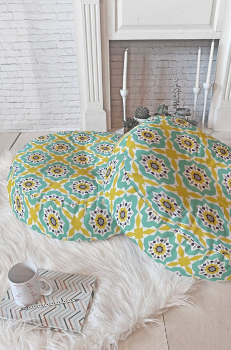 Boho Floor Pillow Round And Square Sizes Yellow Aqua Geometric Mattonelle Design Boho Style Dorm Decor Modern Home Decor