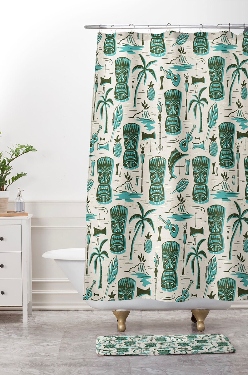 Tiki Shower Curtain Bath Mat Liner and Ring Set / Tiki Etsy