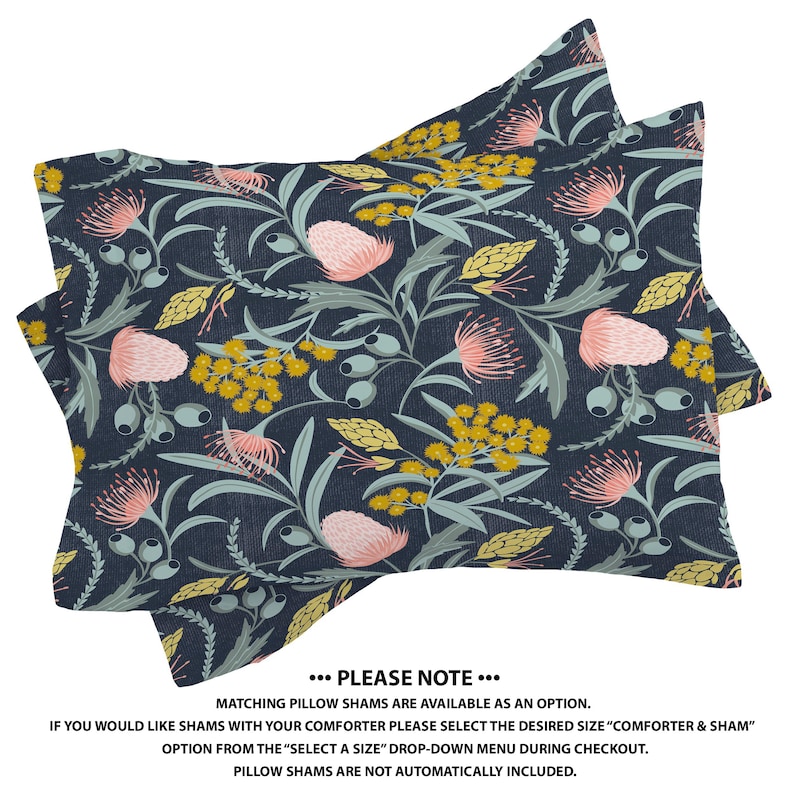 May include: Two navy blue pillow shams with a floral pattern featuring pink and yellow flowers. The text "...PLEASE NOTE..." is printed below the shams. "Matching pillow shams are available as an option. If you would like shams with your comforter please select the desired size "comforter & sham" option from the "select a size" drop-down menu during checkout. Pillow shams are not automatically included."