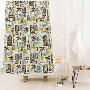 Tiki Shower Curtain // Tiki Decor // Mid Century Modern Decor // Bathroom Decor // Retro Decor // Hawaiian Print // Tropical Shower Curtain afbeelding 3