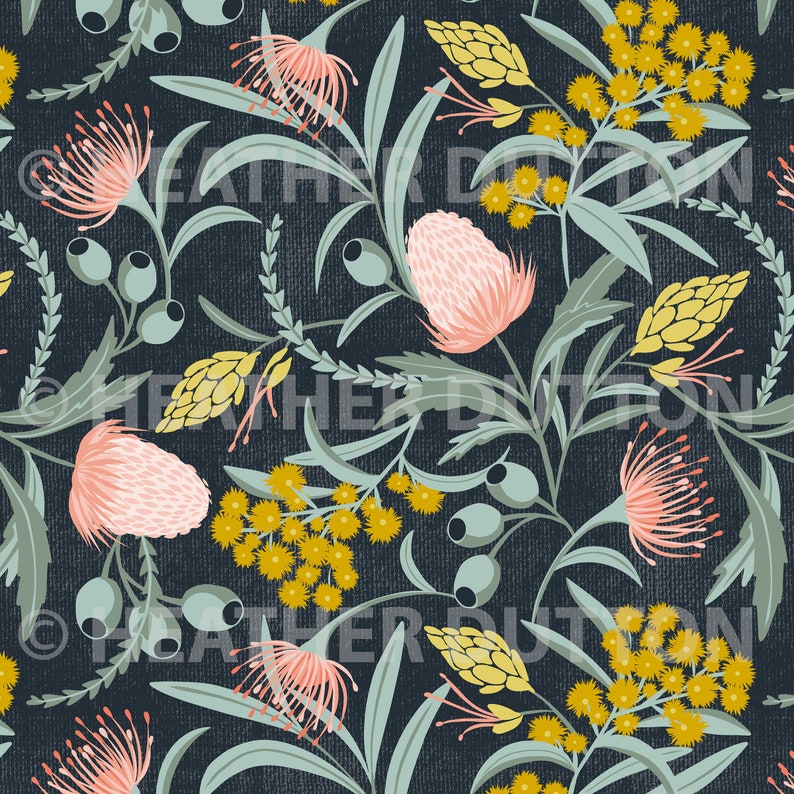 May include: A seamless pattern featuring stylized floral illustrations of pink and yellow flowers with green leaves on a dark blue background.