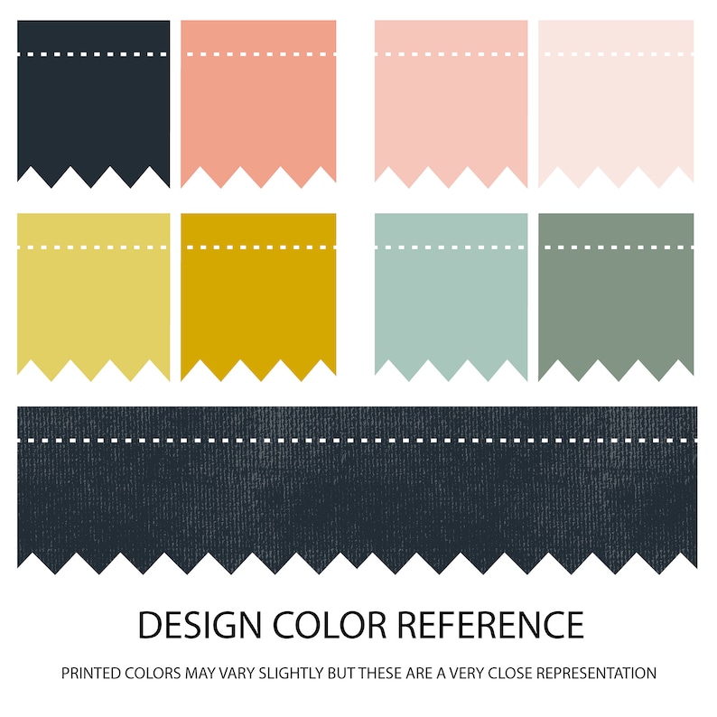 May include: Color palette reference chart with eight color swatches. The colors are navy blue, light pink, pale pink, light yellow, mustard yellow, light blue-green, sage green, and dark navy blue.
