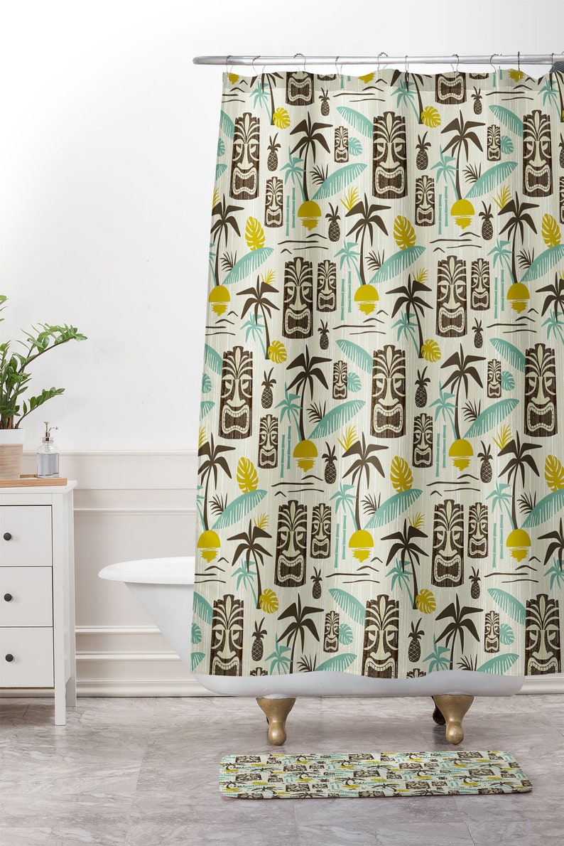 Tiki Shower Curtain // Tiki Decor // Mid Century Modern Decor // Bathroom Decor // Retro Decor // Hawaiian Print // Tropical Shower Curtain afbeelding 1