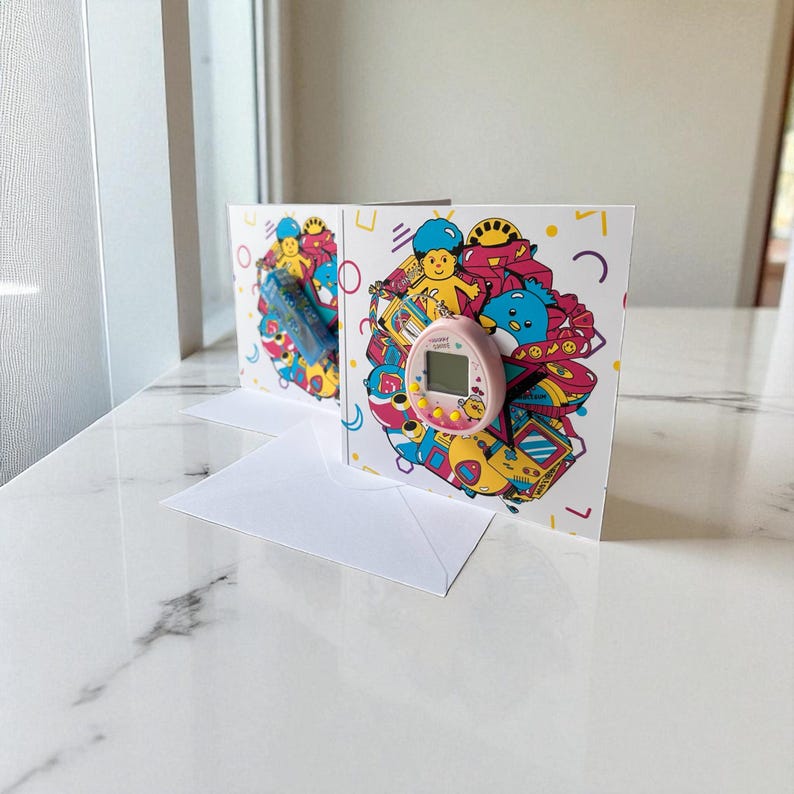 90s Themed Greetings Card. Tamagotchi. Virtual pet