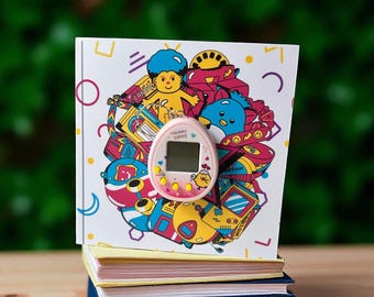 Biglietto d'auguri a tema anni '90. Tamagotchi. Animale domestico virtuale
