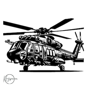 Puede incluir: Ilustración en blanco y negro de un helicóptero con detalles mecánicos precisos. La imagen muestra los rotores, ventanas y el cuerpo del helicóptero, con el texto "Hyperian UK" en la esquina inferior izquierda.